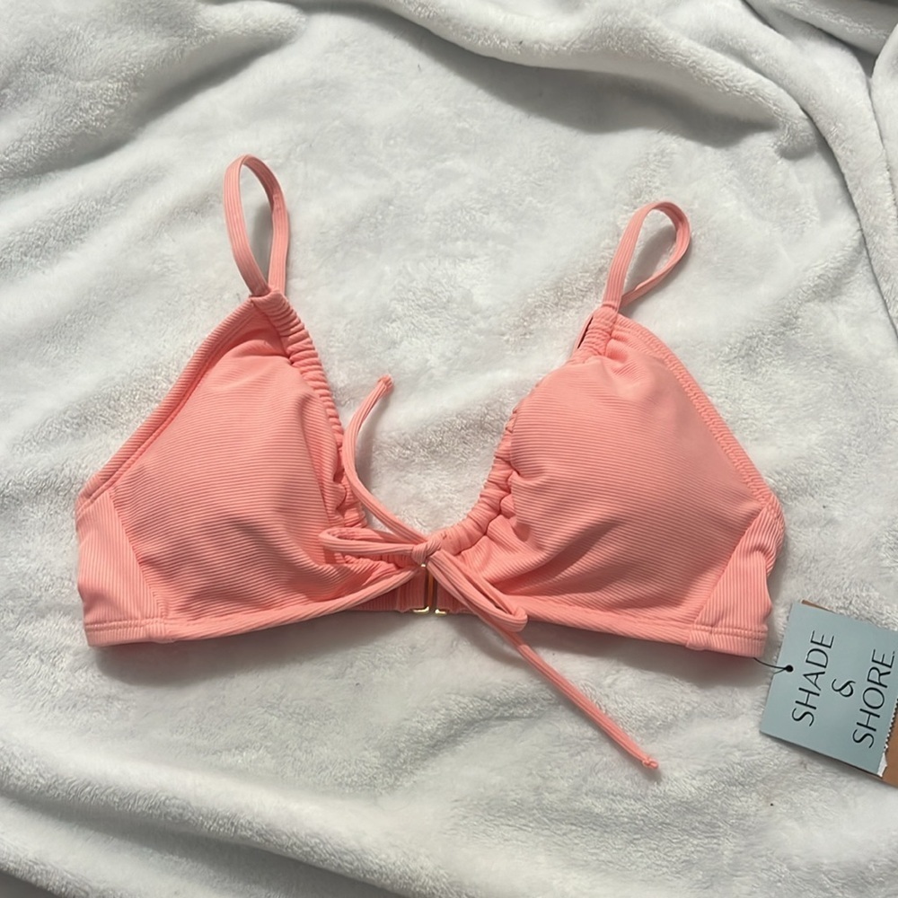 New Shade & Shore Women’s Pink Ribbed Tie Front Bikini Top Size Small Nwt — image 2 of 8